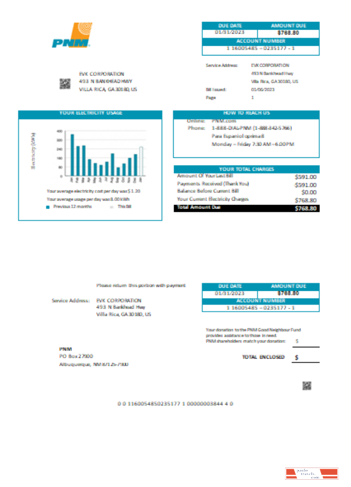 New Mexico PNM easy fillable utility business bill,  SCR PSD template